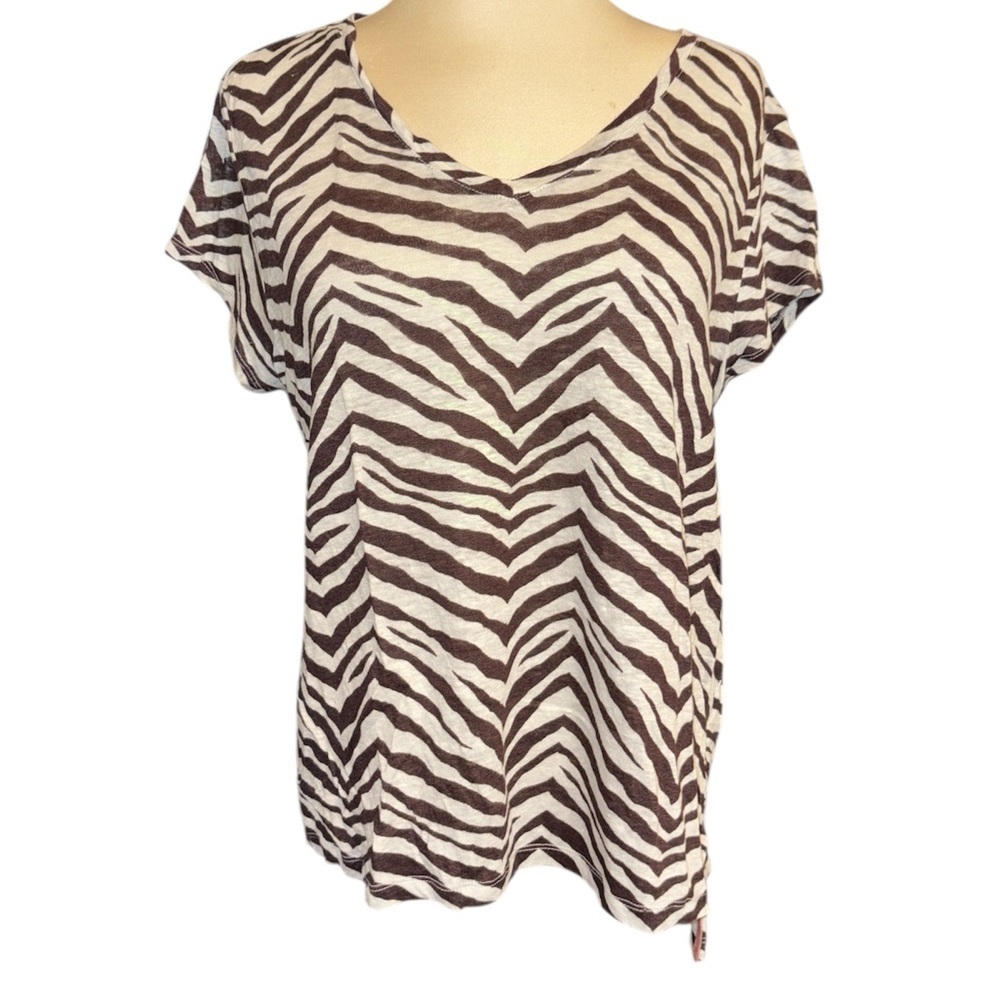 Tahari blouse 100% linen animal print stripes short sleeves V-neck size X-Large